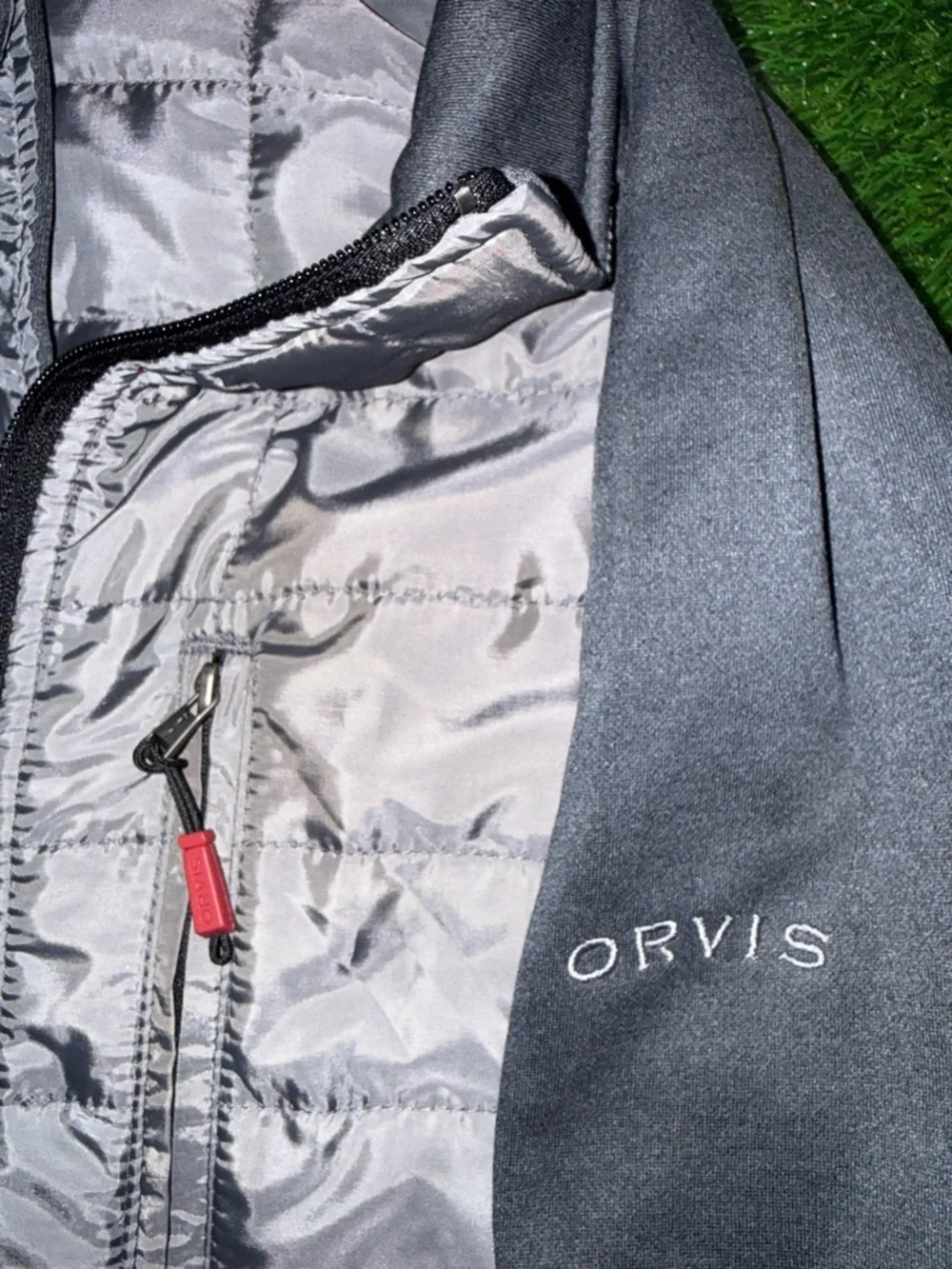 Orvis Gray and Black Quilted Hybrid Jacket with Red Trim